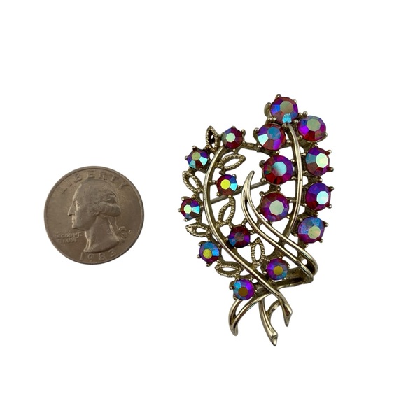 CORO FLORAL RED AURORA BOREALIS AB FLOWERS LEAVES Goldtone Vintage SIGNED 2-1/4" - Picture 11 of 14